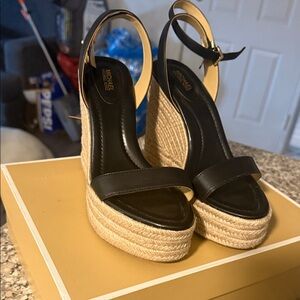 Neuw Black and Tan Wedge Sandals